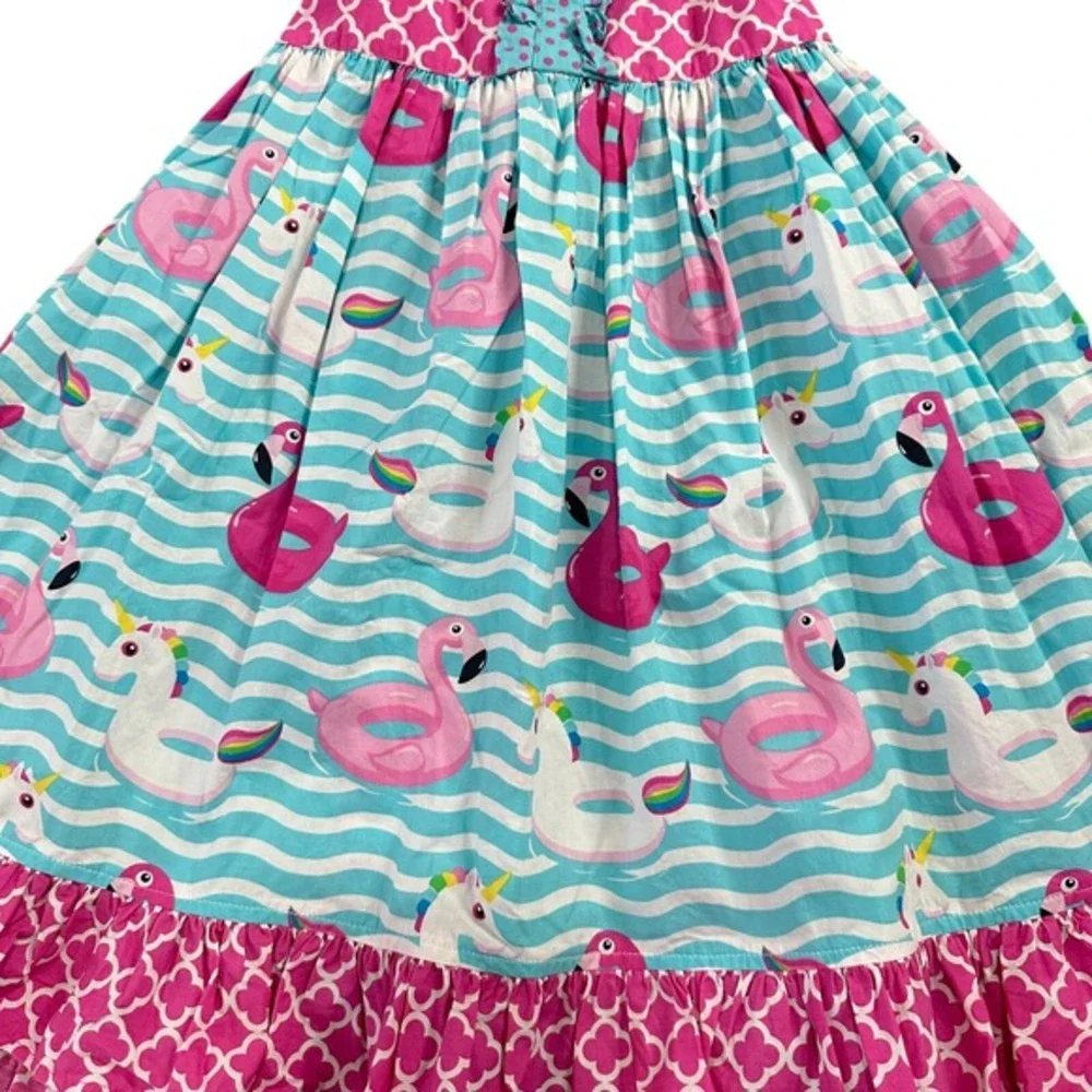 Eleanor Rose Daphne Dress Girls Size 7-8 Pink Teal Flamingo Unicorn Halter